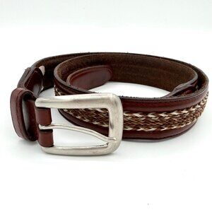 Vintage Leather Horsehair Roving Belt Brown Braided Inlay Western Bison Logo 38
